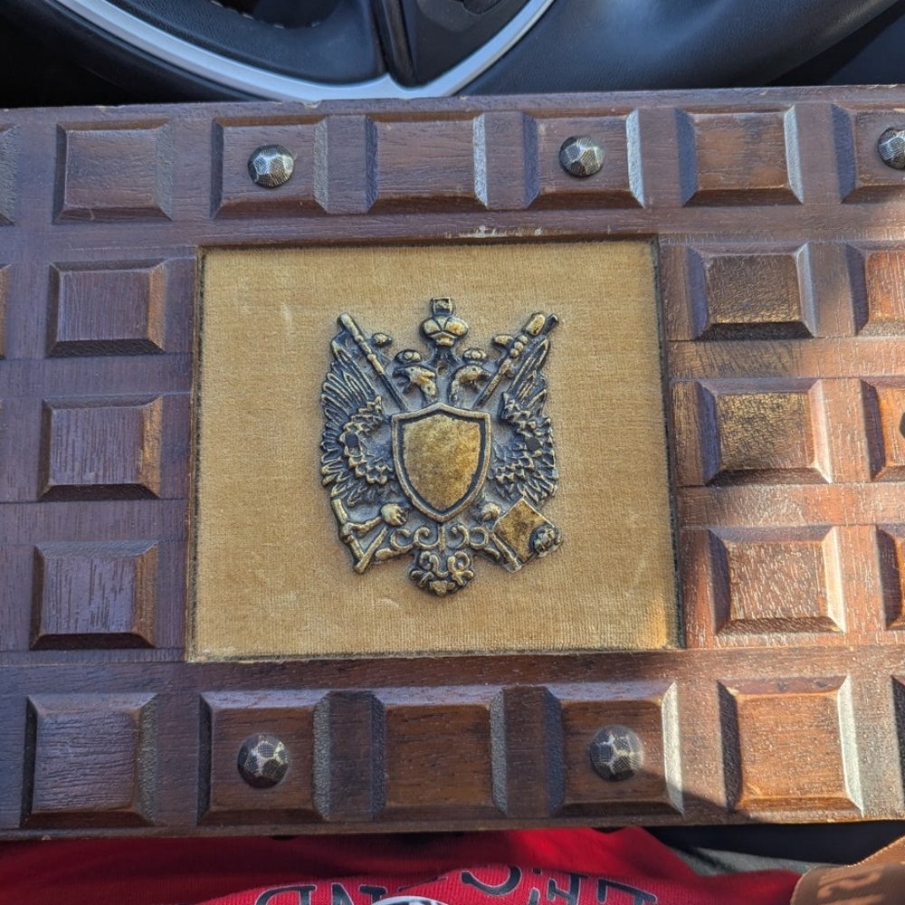 Vintage, Japanese Wood Jewelry Keepsake Box- Metal Double-Headed Eagle Crest